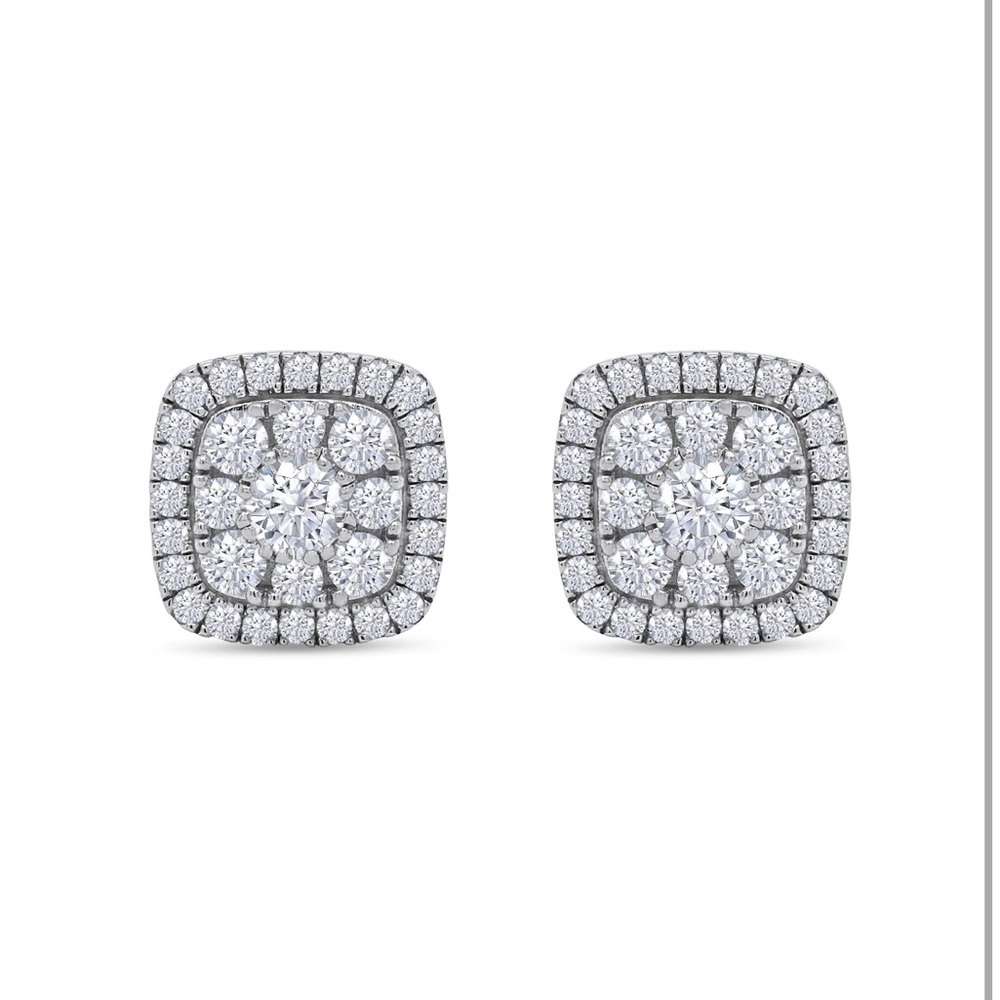 1 1/4 Carat Round Cut Diamond Cushion Frame Halo Cluster Stud Earrings